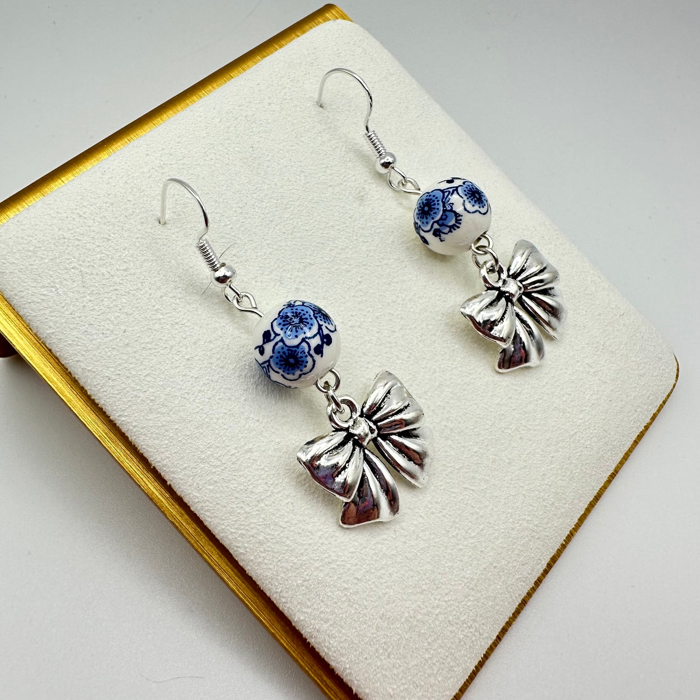 🎀 Blue Willow Bow Drop Earrings